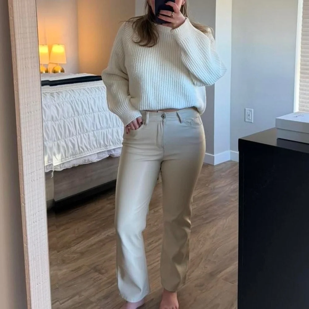 Zara NWT semi cropped kick flare faux leather cream ivory pants - SIZE 6